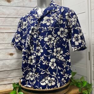 Hilo Hattie Hawaiian Original Camp Shirt 2XL Coconut Button Pocket Blue Hibiscus